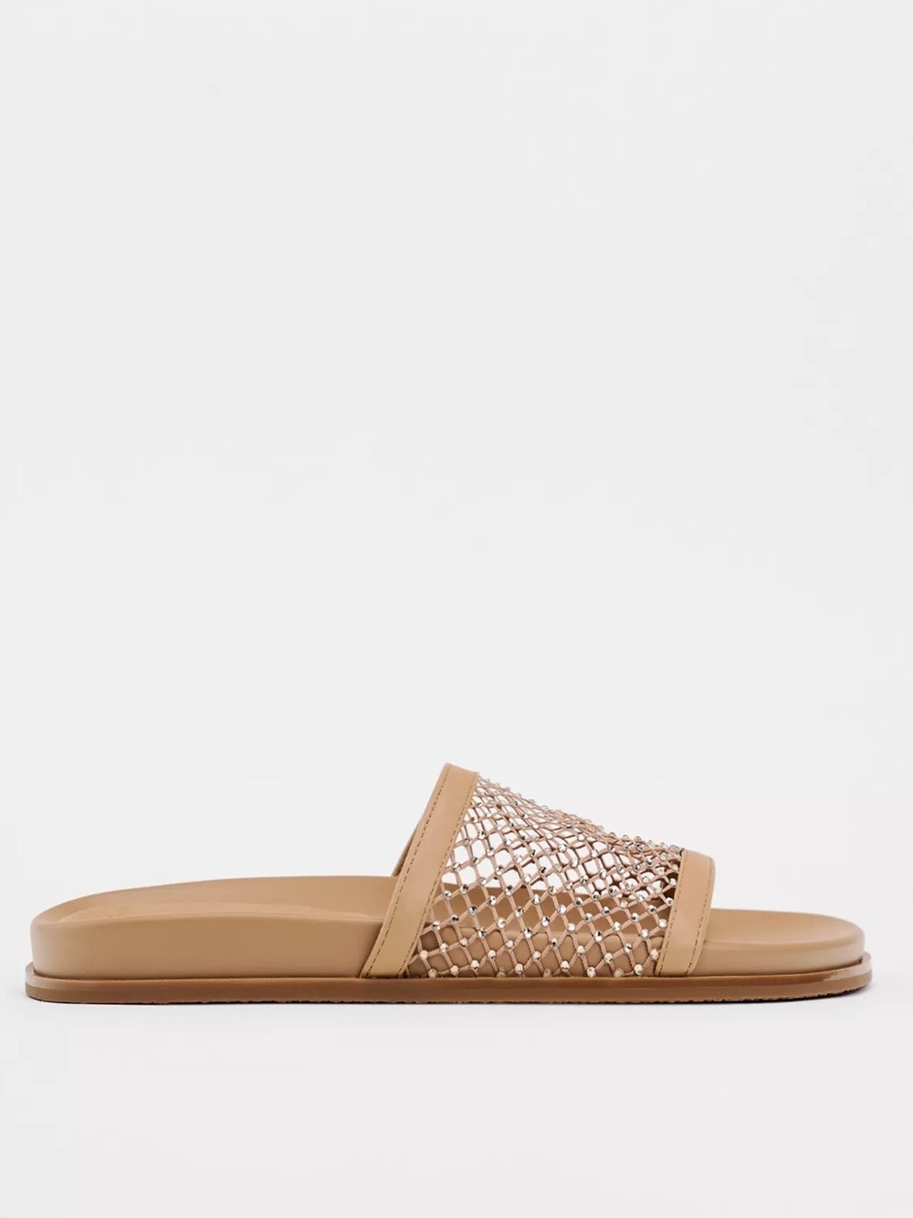 Zara Rhinestone Mesh Flat Slide Sandals Light Beige Size 39